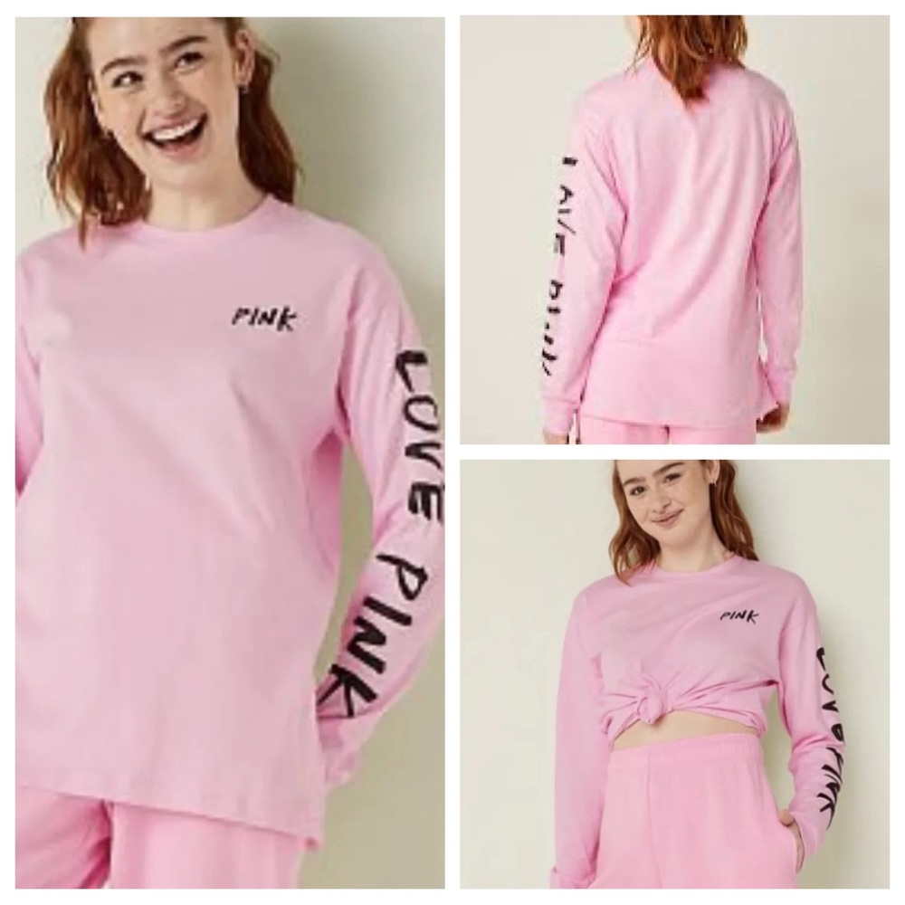 VS VICTORIAS SECRET PINK CAMPUS LONG SLEEVE TEE TOP PINK DAISY BRUSHED BLACK L